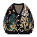 Cartoon Dinosaur Print Sweater – 3D Embossed V-Neck Knit Cardigan For Women & Couples (S-XL, Black/Green/Beige, Rayon-Polyester Blend, Spring Tops)_viptrois.com