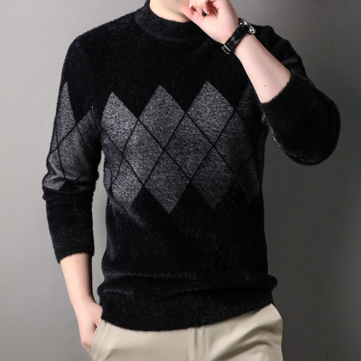 New High-quality Thickened Faux Mink Fur Men's Sweater For Middle-aged And Young People, Casual Diamond Shaped High Elasticity Knitted Sweater_viptrois.com