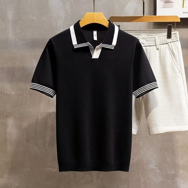 Men's Knit Polo Shirt – Summer Retro Style Short Sleeve Turn-Down Collar T-Shirt, Breathable & Comfortable Casual Top For Vacation & Everyday Wear_viptrois.com