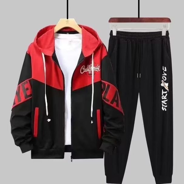 New Splicing Set Autumn And Winter Two-piece Set Loose Autumn Coat Spring Hooded Sweater Men's Casual Sports_viptrois.com