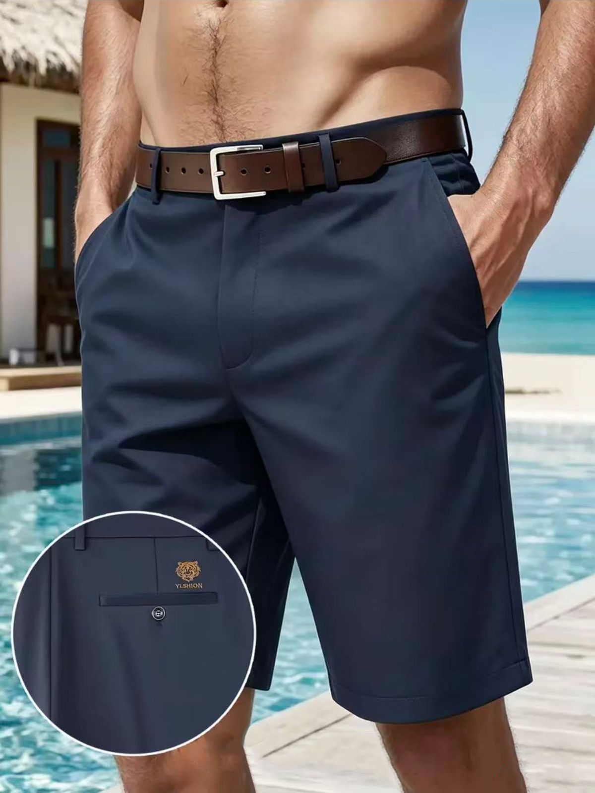 Men's Quick Drying Solid Color Summer Business Casual Shorts Five Point Loose Fit Beach Outdoor Sports Pants_viptrois.com