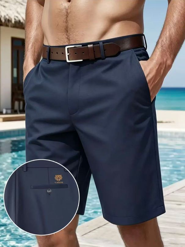 Men's Quick Drying Solid Color Summer Business Casual Shorts Five Point Loose Fit Beach Outdoor Sports Pants_viptrois.com