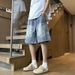 Men's Vintage Blue Washed Denim Shorts, Loose Fit Casual Cargo Shorts For Teen Boys, Summer Streetwear Fashion, Comfortable Cotton Mid-Thigh Shorts_viptrois.com