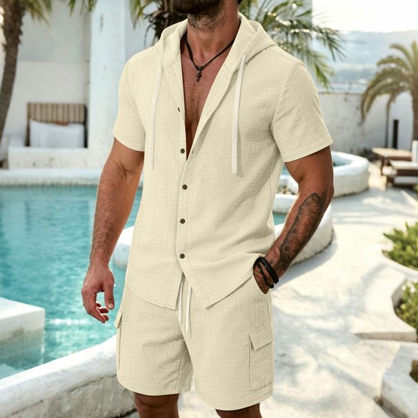 Men's Clothing Men's Casual Beach Outdoor Shirt And Shorts Set Short Sleeved Hooded Cardigan For Formal & Casual_viptrois.com