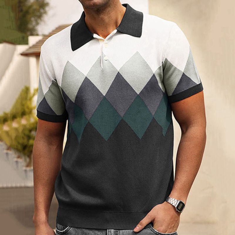 Men's Summer New Short Sleeved Diamond Patterned Jacquard Sweater Business Polo Shirt Men's 2025_viptrois.com