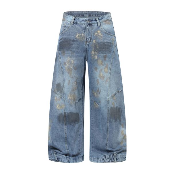 Wasteland Style Ink Splash Vintage Dirty Denim Scimitar Pants Niche Design Reverse Wear Inverted Arc Wide-Leg Trousers_viptrois.com