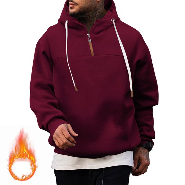 Men's Zip-Up Hooded Sweatshirt With Drawstring - Thickened Polyester Pullover For Casual & Sports (Black, White, Navy, Gray, Khaki, Burgundy)_viptrois.com