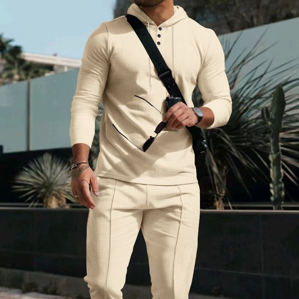 Men's Casual Suit Outdoor Long Sleeve Hooded Pants Set Solid Color Waffle Pattern_viptrois.com