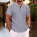 Men's Clothing Summer Polyester Cotton Short Sleeve Button Pleated Solid Color V Neck Casual Style Henry Shirt_viptrois.com