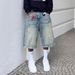 Men's Clothing Retro Washed High Street Denim Shorts Straight Wide Leg Distressed Loose Casual Versatile Cropped Pants_viptrois.com
