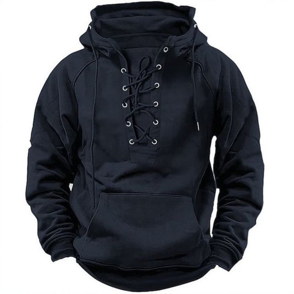 2025 Men's Autumn Winter Outdoor Casual Jacket: Retro Lace-Up, Loose Fit, Pure Color Long Sleeve Hooded Sweatshirt_viptrois.com