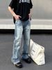 American High Street Vibe Washed Blue Ripped Jeans Men's Straight Leg Micro Flared Cleanfit Pants_viptrois.com