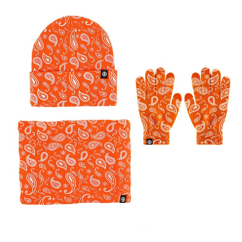 Women's Scarves autumn and winter cashew flower wool hat scarf and gloves three piece set fashionable color printed knitted hat three piece set_viptrois.com