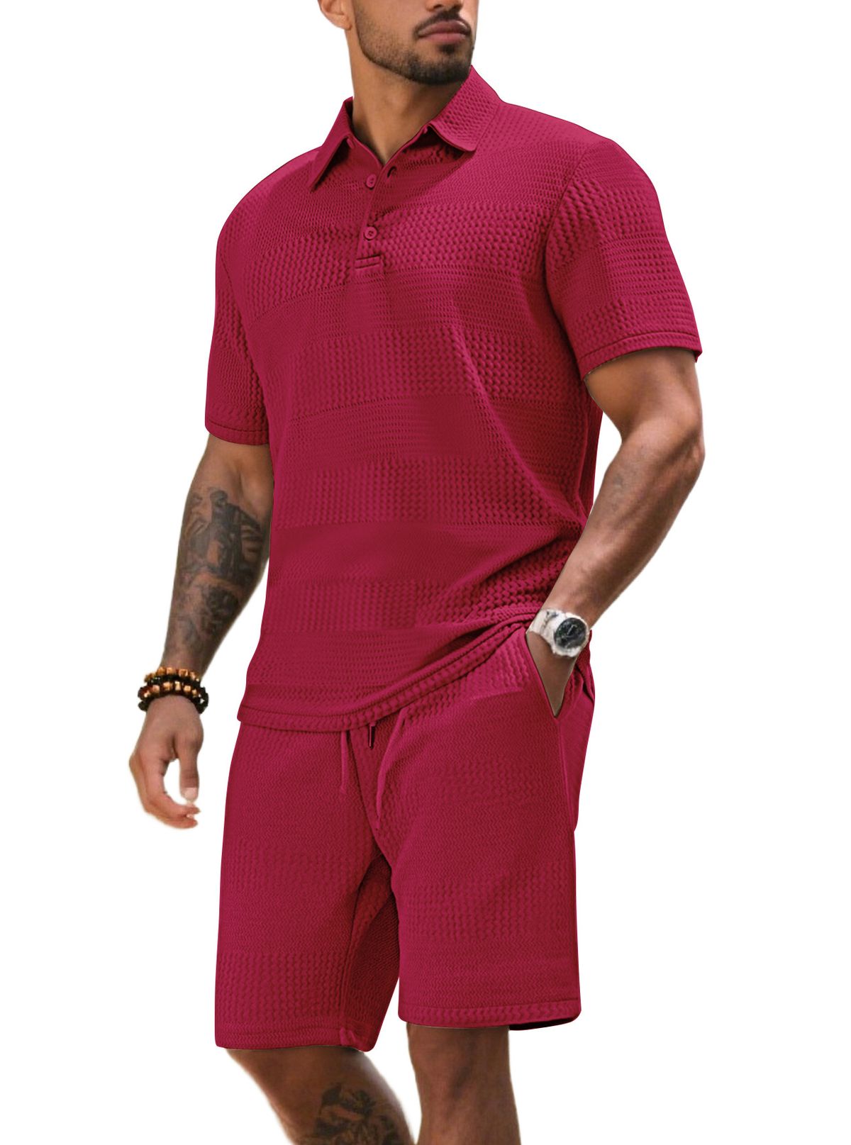 Men's Summer Casual Short Sleeve Knit Polo Set - Solid Color Jacquard Shorts Outfit (S-XXXL, White/Black/Navy/More)_viptrois.com
