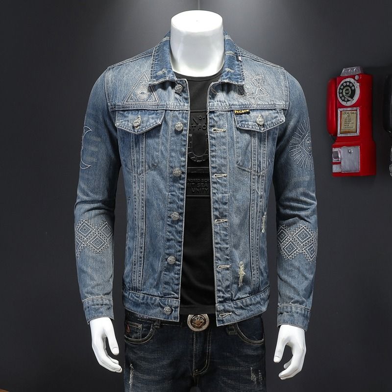 Men's Clothes Weighty Light Denim Series Embroidered Slim Denim Top_viptrois.com
