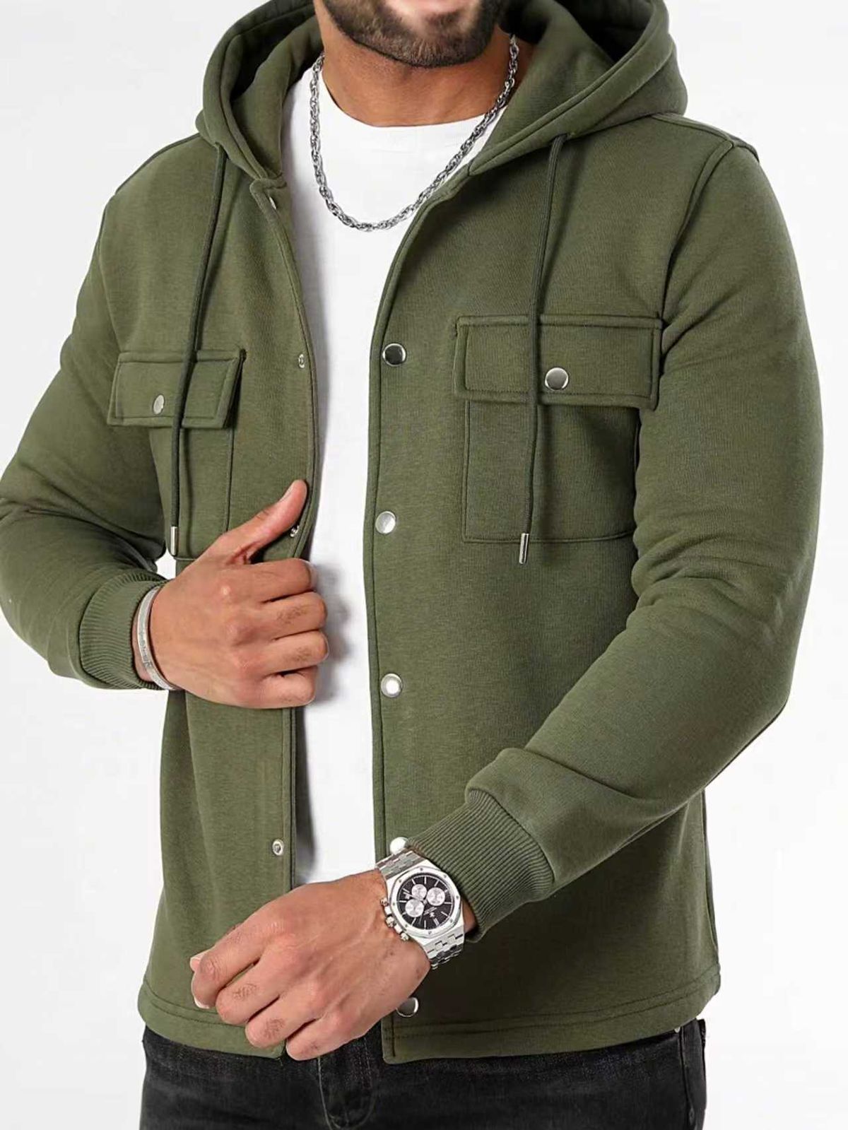 Men's Fleece Hooded Jacket – Winter Warm Button-Up Outerwear, Casual Plaid Zip-Front Coat With Multiple Fastenings_viptrois.com