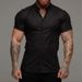 Men's Clothing Elastic Solid Color Sports Casual Cardigan Business Non Iron Shirt Trend Muscle Fitness Short Sleeved Lapel Shirt_viptrois.com