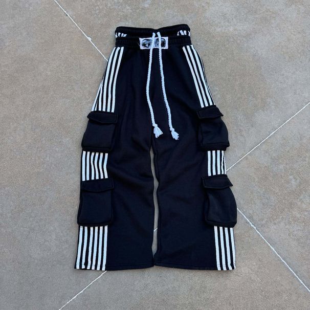 Striped Print Loose Sweatshirt Unisex Street Hip Hop Personality Patch Embroidered Sweatshirt Sweatpants_viptrois.com