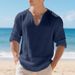 Men's Relaxed Fit V-Neck Linen Long Sleeve T-Shirt - Breathable Pure Color Casual Top For Autumn (S-XXXL)_viptrois.com