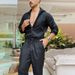 Individual European and American men's long-sleeved single-breasted fashion romper with lapel solid color belted romper_viptrois.com