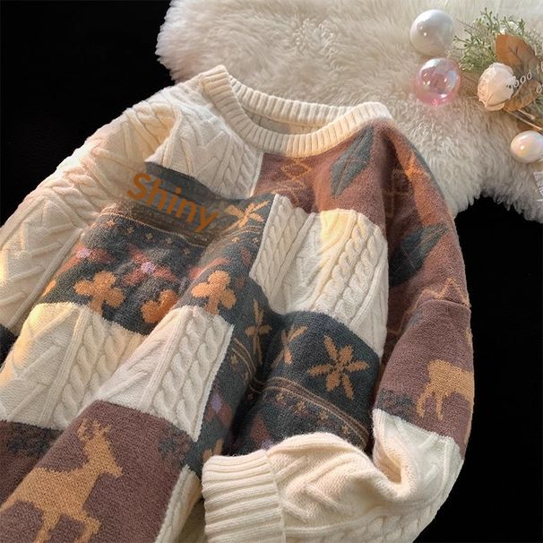 Pure Vintage Color-Block Sweater For Men Christmas Trendy Plus Size Lazy High-End Loose Fit Outerwear Couple Versatile_viptrois.com
