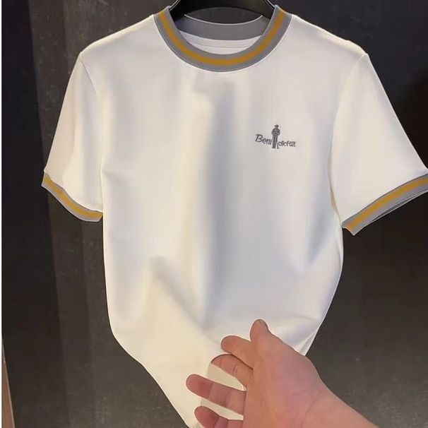 2026 Summer New Men's Short-Sleeve T-Shirt Korean Style Embroidered Round Neck Versatile Trendy High-End Top_viptrois.com