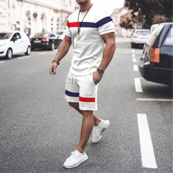 Men's Clothing home leisure men's thin short-sleeved sports striped round neck fitness suit men's T-shirt trendy two-piece suit_viptrois.com