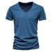 Boy Summer Cross-Border New Solid Color Slub V-Neck Short Sleeve T-Shirt Pure Cotton Hot Sale European And American Foreign_viptrois.com