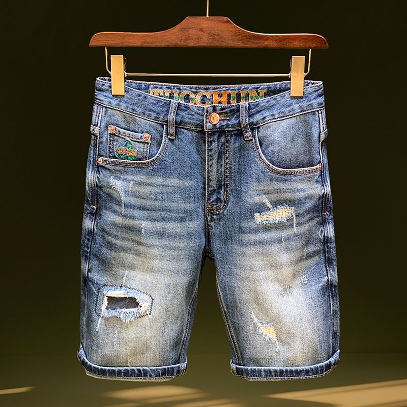 Men's Clothing Ripped Denim Shorts Trendy Retro Blue Distressed Straight Shorts Elastic Slim Fit Mended Shorts_viptrois.com