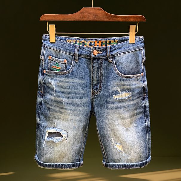 Men's Clothing Ripped Denim Shorts Trendy Retro Blue Distressed Straight Shorts Elastic Slim Fit Mended Shorts_viptrois.com