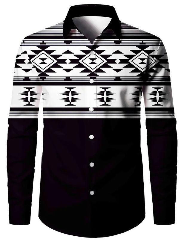Men's Clothing Simple Long Sleeved Shirt Retro Ethnic Style Striped Spring And Autumn 3D Digital Printing Tops_viptrois.com