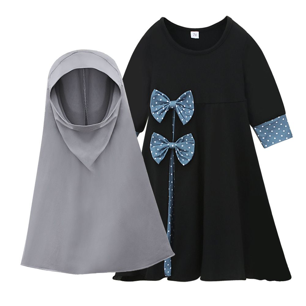 Kids’ Clothing Spring And Autumn Long Sleeve Round Neck Solid Color Bowknot Dress Headscarf 2 Piece_viptrois.com