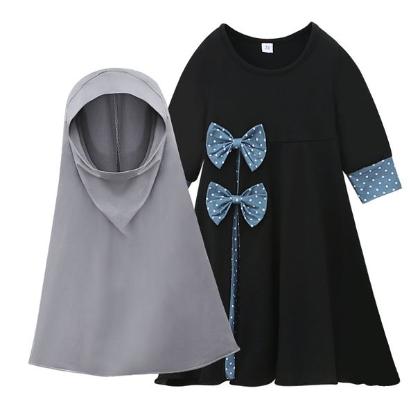 Kids’ Clothing Spring And Autumn Long Sleeve Round Neck Solid Color Bowknot Dress Headscarf 2 Piece_viptrois.com