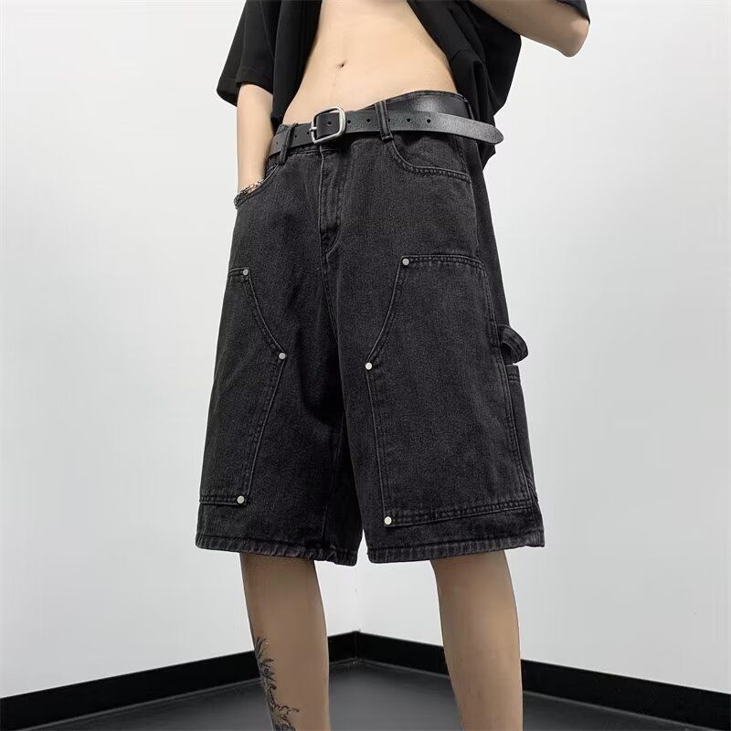 Men's Jeans Summer Thin American High Street Trendy Brand Five-Point Loose Straight Casual Washed Mid-Length Pants_viptrois.com