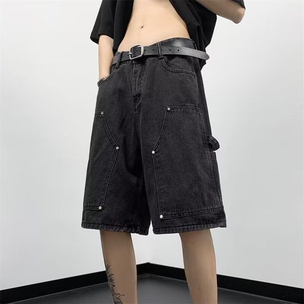 Men's Jeans Summer Thin American High Street Trendy Brand Five-Point Loose Straight Casual Washed Mid-Length Pants_viptrois.com