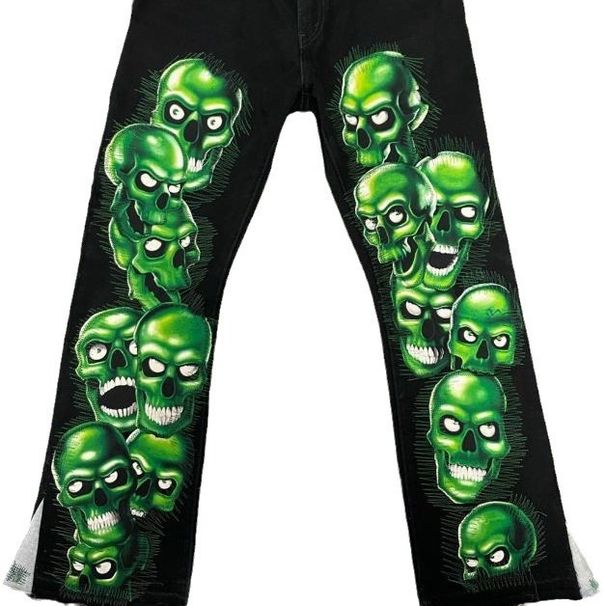 Men's Clothing dark Gothic style skull full print jeans men's high street hip hop straight wide leg pants_viptrois.com