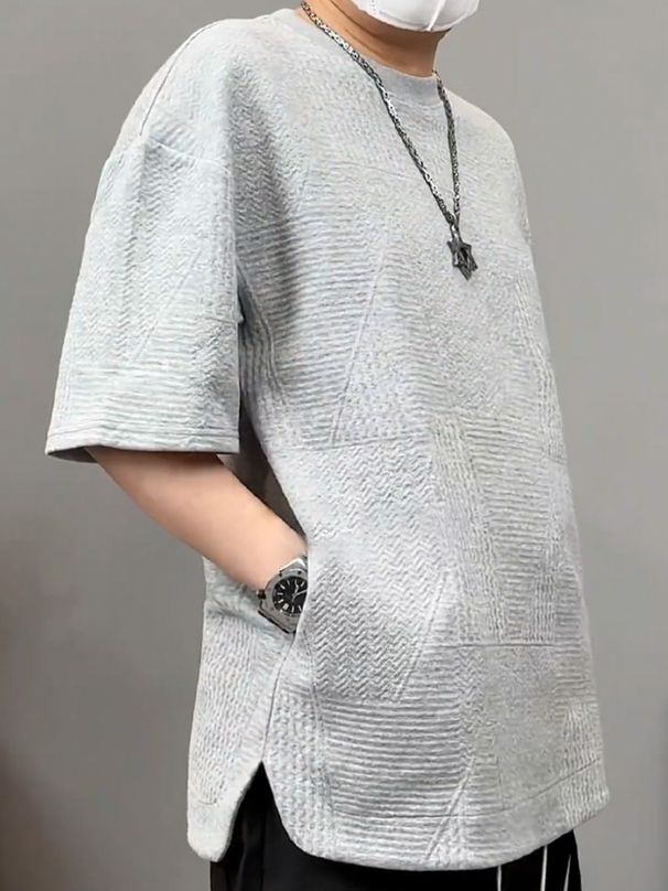 Men's Clothing Heavy Relief Texture Printing Short Sleeve Men's Hidden Pocket Round Neck T Shirt Loose Casual Versatile Half Sleeve Men's T_viptrois.com