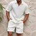 Men's Clothing Casual Trend Fashion Comfortable Waffle Solid Color Lapel Shirt Sports Suit_viptrois.com