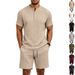 Men's Retro Short Sleeve Henley & Shorts Set, Breathable Jacquard Knit Two-Piece Outfit For Casual Summer Style_viptrois.com