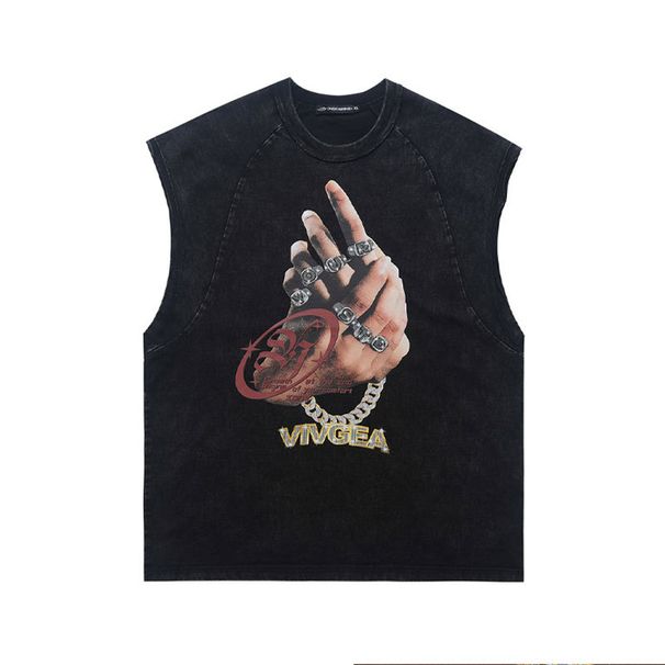 American-style Finger Print Vest For Men, Washed And Distressed, Loose Vintage Sleeveless Trendy_viptrois.com