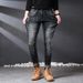 Slim Fit Distressed Patch Jeans For Men, Youth Style, Unique Vintage Straight Leg Pants_viptrois.com