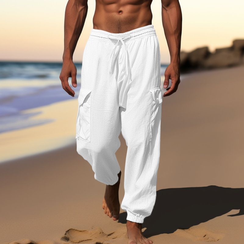 Man's clothing Athleisure pants corset foot design multi-pocket rope solid color men's loose cargo pants_viptrois.com