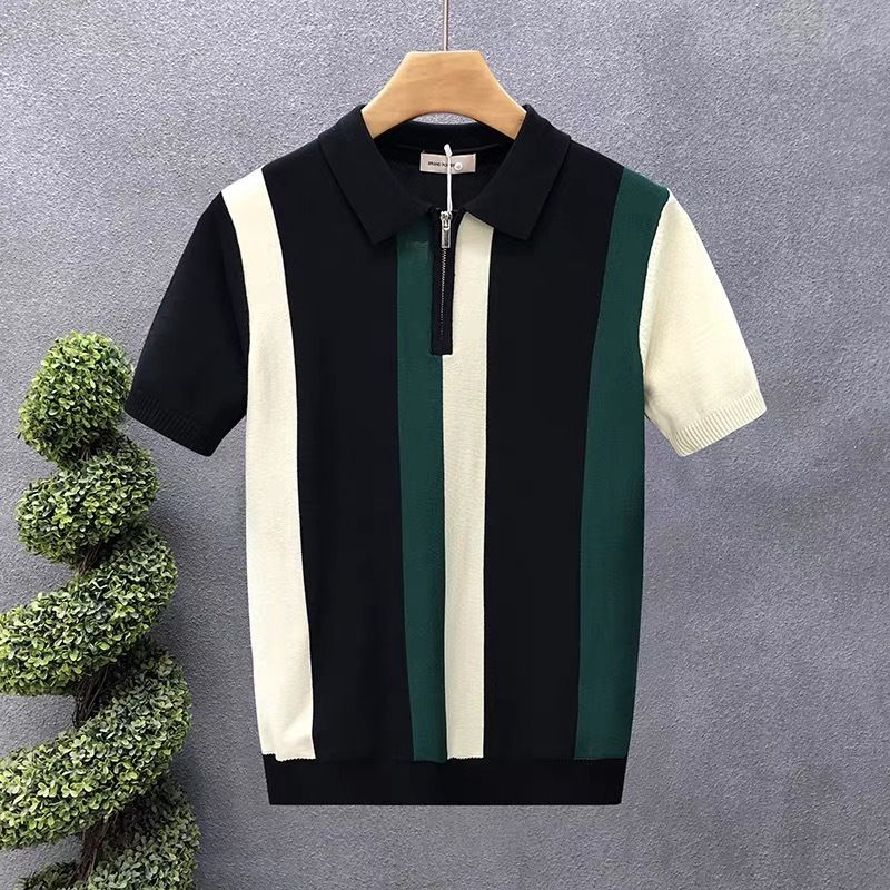 Men's Clothing Shirt Lapel Short Sleeved Knitted Sweater For Men Half Zipper Color Matching British Business Slim_viptrois.com
