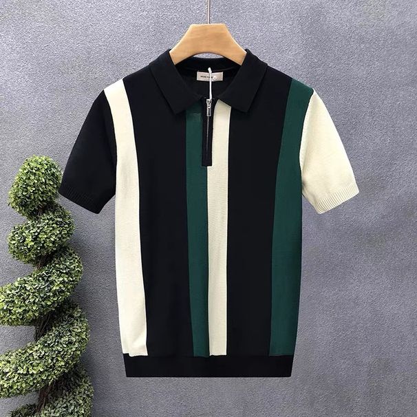 Men's Clothing Shirt Lapel Short Sleeved Knitted Sweater For Men Half Zipper Color Matching British Business Slim_viptrois.com
