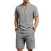 Men's Linen Wash Workwear Set Wash And Wrinkle Resistant Lace Up Casual Two Piece Set Summer Stand Up Collar Short Sleeved_viptrois.com