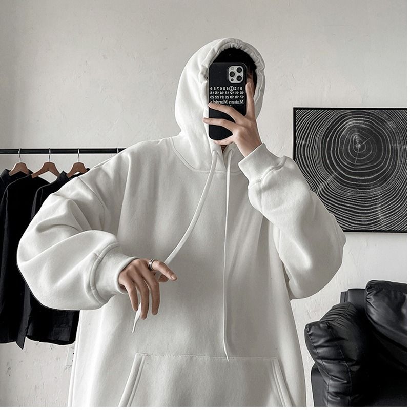 Men's Oversized Fleece Hoodie - Cozy Winter Pullover With Soft Lining, Unisex Streetwear, Casual Loose Fit, Korean Style, Letter Print_viptrois.com