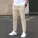 Men's Slim Fit Casual Pants - Solid Color, Nine-Point Design, Leather Label Detail, Comfortable Pocket Trousers_viptrois.com