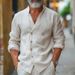 Men's Clothing Men's Spring And Autumn Double Breasted Stand Up Collar Solid Color Cotton And Linen Casual Solid Color Long Sleeved Youth Shirt_viptrois.com