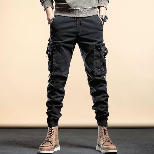 Spring And Autumn Trendy Men's Overalls, Slim-fitting, Handsome Trousers, Winter American Motorcycle Multi-pocket Black Trousers_viptrois.com