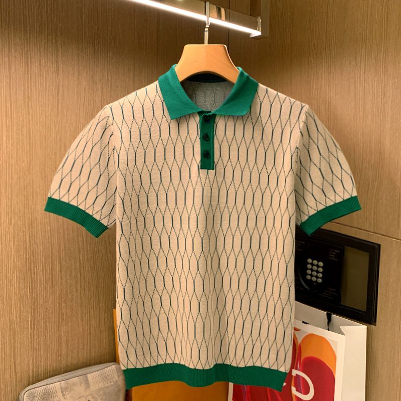 Men's Clothing Light Luxury Polo Shirt Men's Summer Thin Ice Silk Men's High End Grid Pattern Contrast Color Short Sleeved T Shirt_viptrois.com